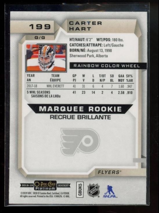 2019 O-PEE-CHEE PLATINUM #199 CARTER HART RAINBOW COLOR WHEEL ROOKIE RC