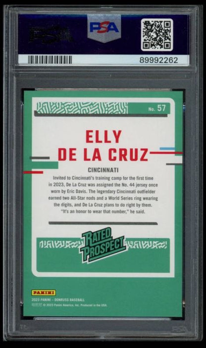 2023 PANINI DONRUSS #57 ELLY DE LA CRUZ HOLO RED RATED PROSPECT /2023 PSA 9