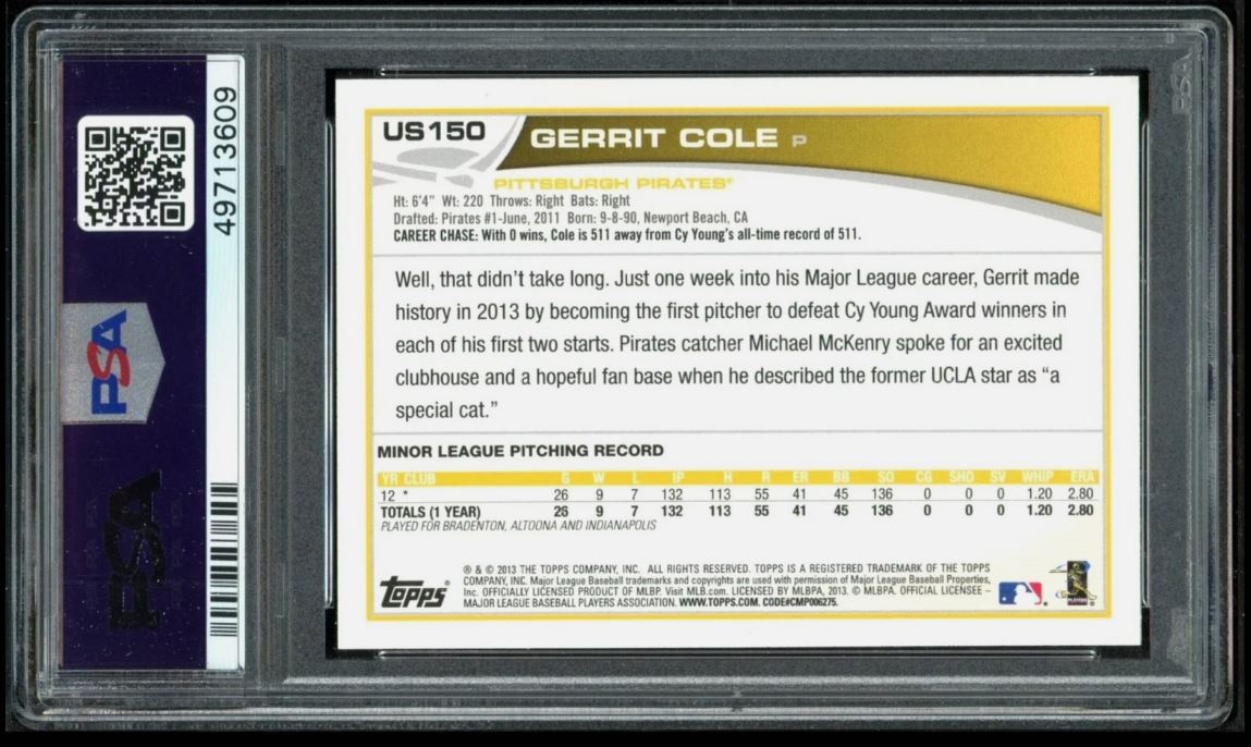 2013 TOPPS UPDATE #US150A GERRIT COLE RC ROOKIE PSA 9