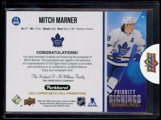 2021 UPPER DECK PARKHURST PRIORITY SIGNINGS EXCLUSIVES MITCH MARNER AUTO SSP /5