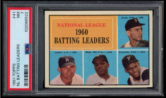 1961 TOPPS #41 N.L. BATTING LEADERS GROAT/LARKER/WILLIE MAYS/CLEMENTE PSA 7