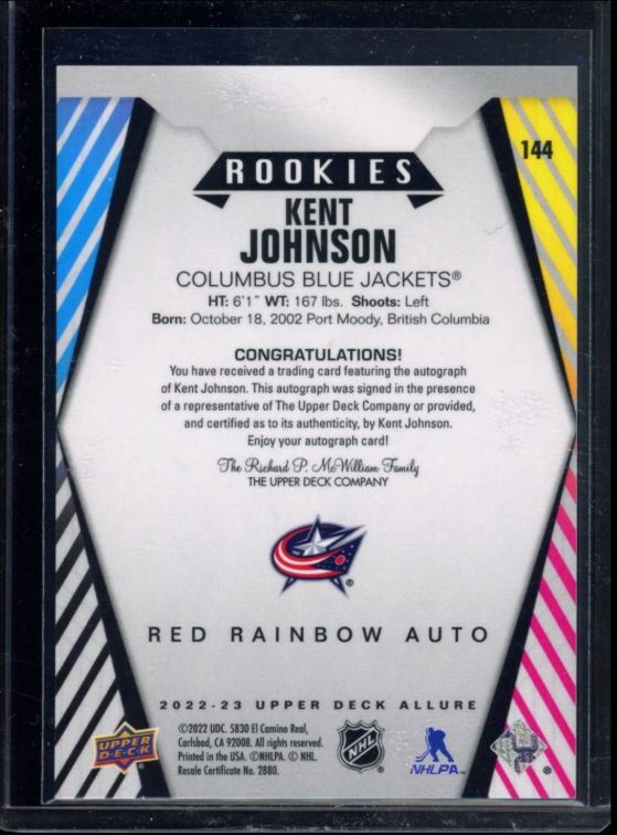 2022 UPPER DECK ALLURE #144 KENT JOHNSON AUTO RED RAINBOW RC ROOKIE